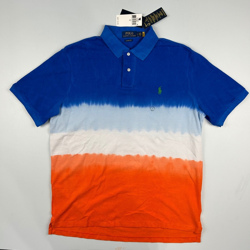 Polo Ralph Lauren Mens Classic Fit Dip Dye Ombre Polo Shirt Blue Orange L NEW